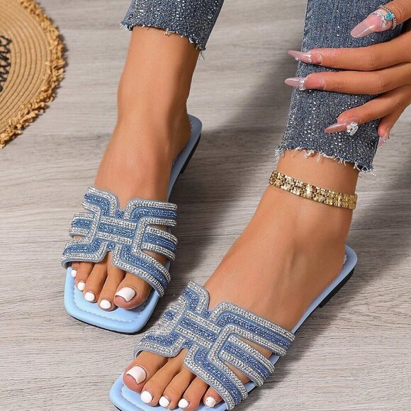 Blue Casual Womens H-Design Slide Sandals Comfortable Non-Slip Crocodile Print - Picture 4 of 5